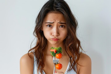 Asian woman on a diet, displeased with vegetables on her fork, white background