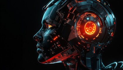 A futuristic robotic head illuminated by red lights against a dark background