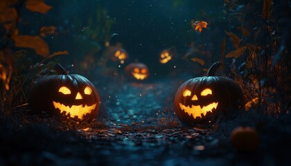 Spooky pumpkins glow along a misty path in an eerie Halloween forest at night
