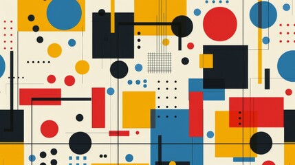 Obraz premium Abstract geometric Bauhaus poster with circles, squares, and triangles. Primary colors and clean lines. Minimalist design. Vector art