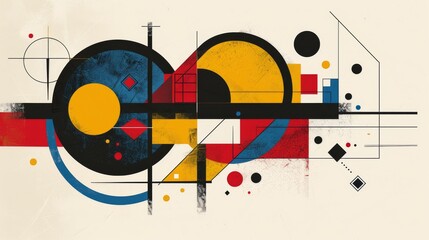 Abstract geometric Bauhaus poster with circles, squares, and triangles. Primary colors and clean lines. Minimalist design. Vector art