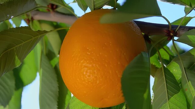 A close-up ripe orange fruit hangs on a branch against a ray of sun. High quality 4k footage