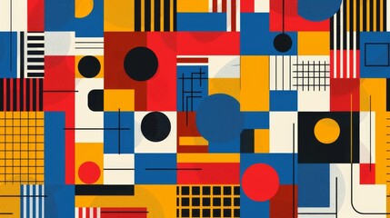 Abstract geometric Bauhaus poster with circles, squares, and triangles. Primary colors and clean lines. Minimalist design. Vector art