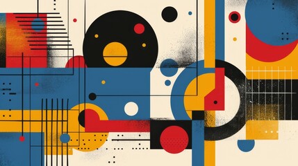 Abstract geometric Bauhaus poster with circles, squares, and triangles. Primary colors and clean lines. Minimalist design. Vector art