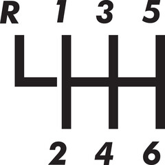 Car Gear Shift Location Symbol Isolated. A diagram of a manual gear car's stick shift and gears. Isolated with no background.