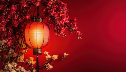 A red lantern illuminates cherry blossoms against a vibrant red backdrop