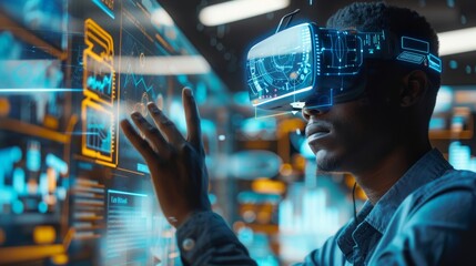 Professional interacting with a futuristic AR interface in an office, headset-equipped, for marketing management