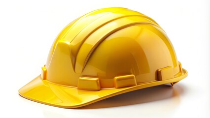 Yellow safety helmet is laying on a white background, representing workplace safety and accident prevention