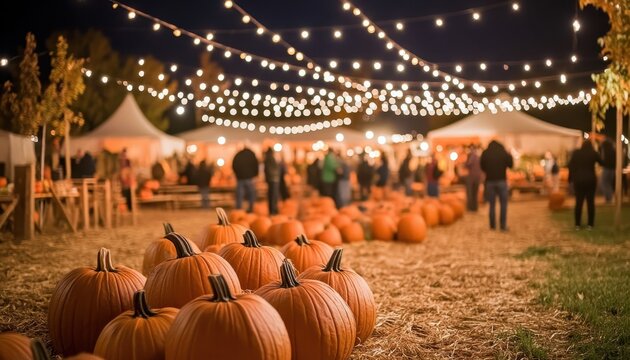 Pumpkin patch festival at night with twinkling lights and festive atmosphere
