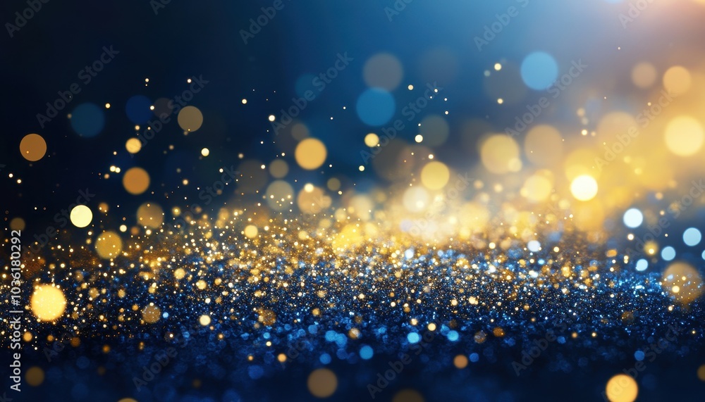 Poster sparkling golden and blue bokeh background with shimmering effects in dark setting