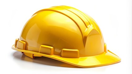 Fototapeta premium Yellow safety helmet is laying on a white background, representing workplace safety and accident prevention