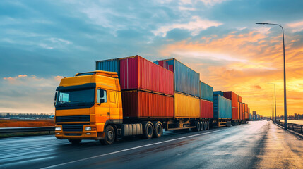 Trucks deliver shipping containers on highways. These containers are used for importing and exporting goods. This involves moving cargo by truck across the country.