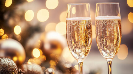 Two glasses of bubbly champagne clink together, surrounded by festive decorations and twinkling lights. It's New Year's Eve, and there's plenty of room for your message.