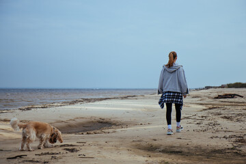Enjoying a peaceful autumn day, a girl in a gray hoodie and plaid shirt tied at her waist walks her Cocker Spaniel on an empty beach, surrounded by the beauty of the ocean.