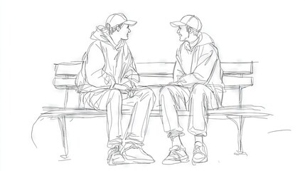   A monochromatic illustration of two individuals conversing on a park bench