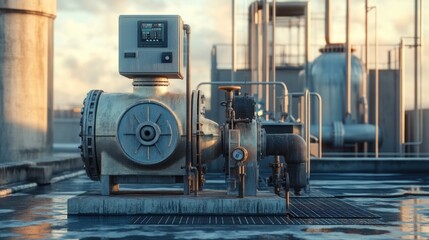 Fototapeta premium Industrial pump and piping system on a rooftop, showcasing machinery and infrastructure.