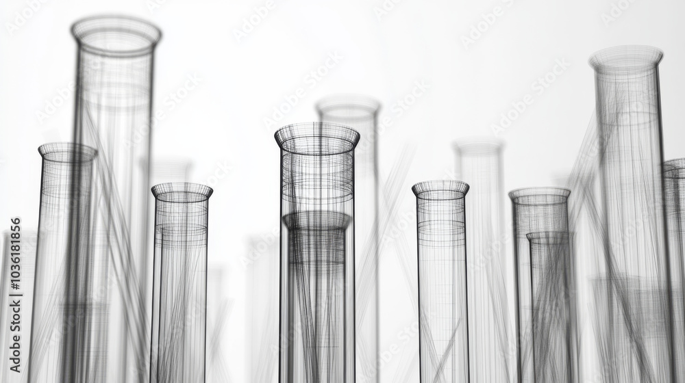 Poster wireframe test tubes stand out against a white background. the image suggests science, analysis, and