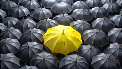 Conceptual image of a single yellow umbrella standing out from the crowd of many black umbrellas