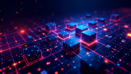 Obraz premium Blockchain technology with glowing cubes exchanging data on circuit board. Perfect for illustrating cryptocurrency, data security, and finance.