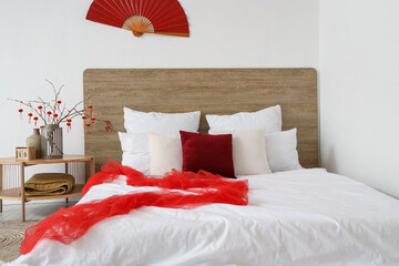 Interior of festive bedroom decorated for Chinese New Year celebration