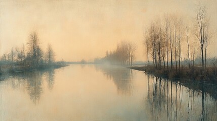 Obraz premium Painting of a foggy river in front of trees with a misty sky in the backdrop