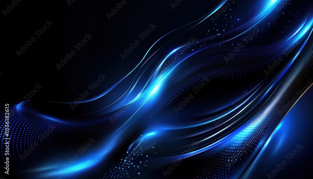 Poster dynamic blue waves with glowing patterns in a dark background