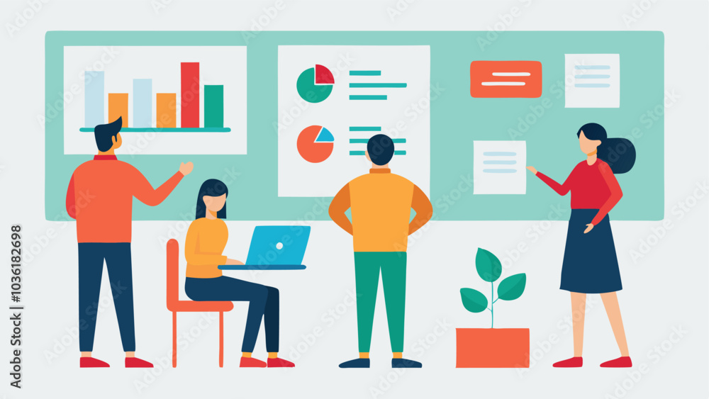 Poster visual aids a wall displaying large print posters and infographics with employees using visual aids 