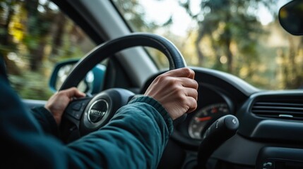A close-up of hands gripping a steering wheel while driving through a forested area.