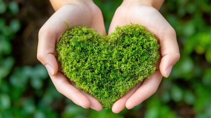 Hands holding a heart-shaped moss, symbolizing love for nature and the environment.