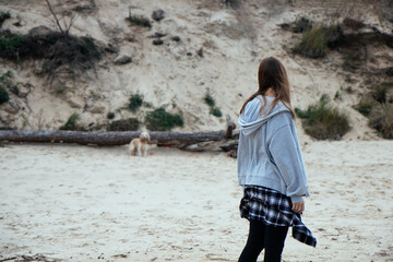 Girl looks on as her dog explores the terrain by the beach. The dog stands on a log, surrounded by sand and plants, showcasing a calm autumn day in nature.