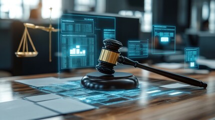 A gavel on a table with digital legal data and scales of justice in the background.