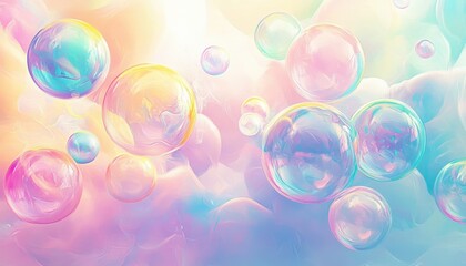 Colorful bubbles floating against a pastel background in a dreamy atmosphere