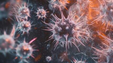 Close-up view of microscopic organisms with spiky structures in a colorful environment.
