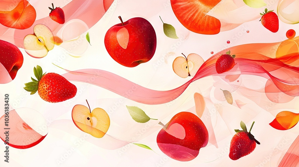 Poster  A painting featuring apples, oranges, strawberries, and apple slices against a white backdrop, adorned with wavy lines