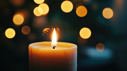 Close up of a lit candle with blurred lights in the background evoking a warm and tranquil atmosphere