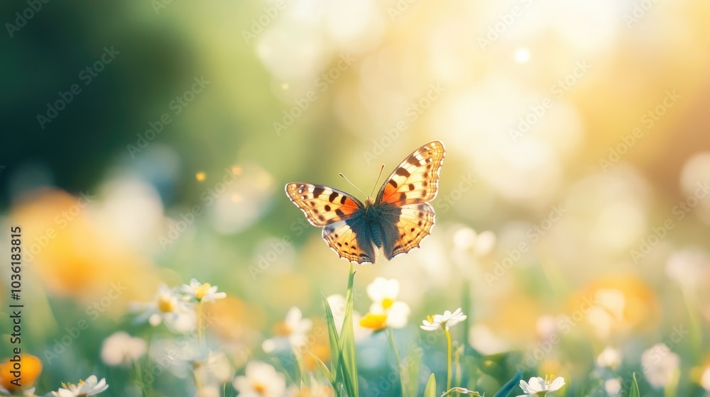 Poster butterfly in a vibrant meadow during spring soft focus background with ample space for text