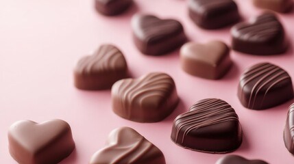 Fototapeta premium Heart Shaped Chocolate Treats on a Pink Surface for Romantic Celebrations