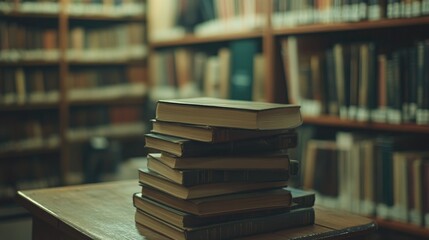 A pile of books rests on a wooden table with a softly blurred library setting in the background