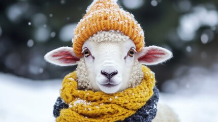 A cute sheep wearing a knitted hat and scarf in a snowy landscape.