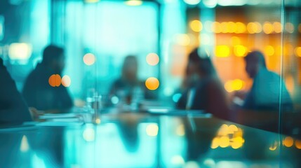 Fototapeta premium Team of professionals engaged in a discussion or brainstorming session in a boardroom Blurred view of colleagues in a conference setting