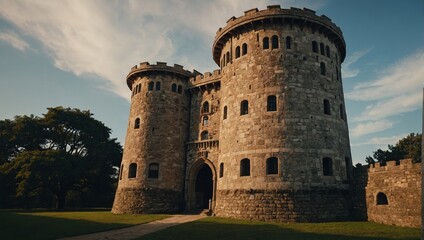 An imposing archer tower rising above the surrounding hills