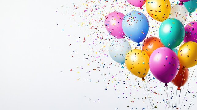 Vibrant balloons and confetti establish a joyful ambiance for celebrations with ample space for text