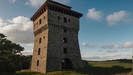 An impressive archer tower adorned with colorful banners enhances the festive atmosphere