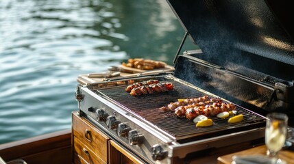 A grill on a boat with skewers and lemons, reflecting a relaxed outdoor cooking scene.