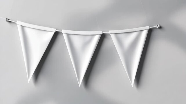 Three white triangular flags are strung together and hanging on a wall