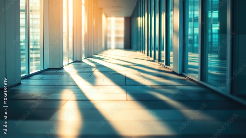 Poster empty office corridor featuring light and shadows created by sunlight on the walls with a blurred mo