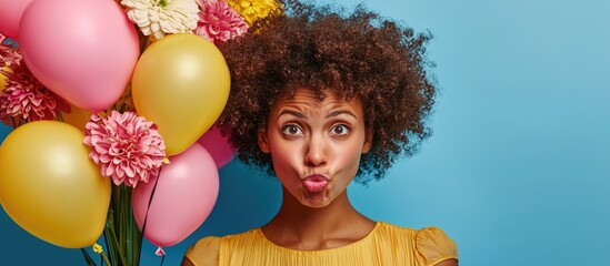 Obraz premium Insulating Herself Annoyed Curly Woman Being Inflated By Bouquet Of Flowers Making Distance With Them