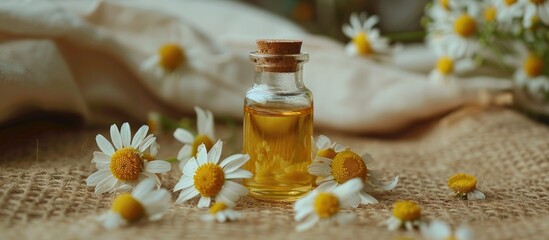 Chamomile Extract In A Small Bottle On Sacking Selective Focus Nature
