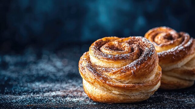 Cruffins Buns From Yeast Dough Dark Background Mystical Light Cinnamon Craffin Cinnabon Mix Of Croissant And Muffin