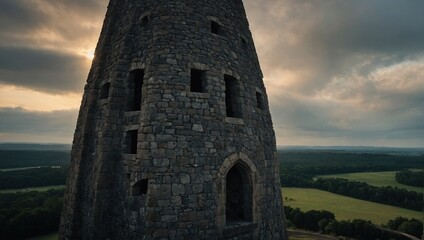 An impressive archer tower framed by mountains creates a stunning visual panorama